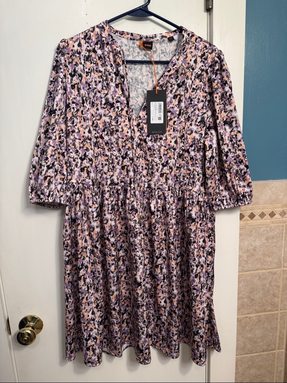Boss Print V-Neck Babydoll Dress in Black & Lavender NWT
